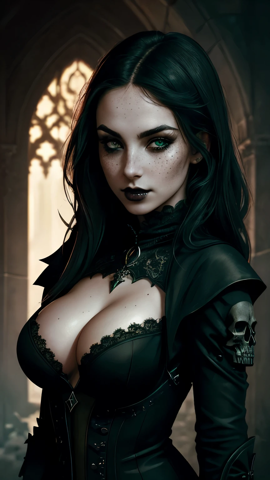 (best quality, hyperdetailed photography:1.2), beautiful lady, freckles, gothic dark makeup, soft light, perfect breast, cover, (detailed beautiful face, detail skin texture, ultra-detailed body:1.1) sexy vampire girl, green eyes, perfect body, skull, blood