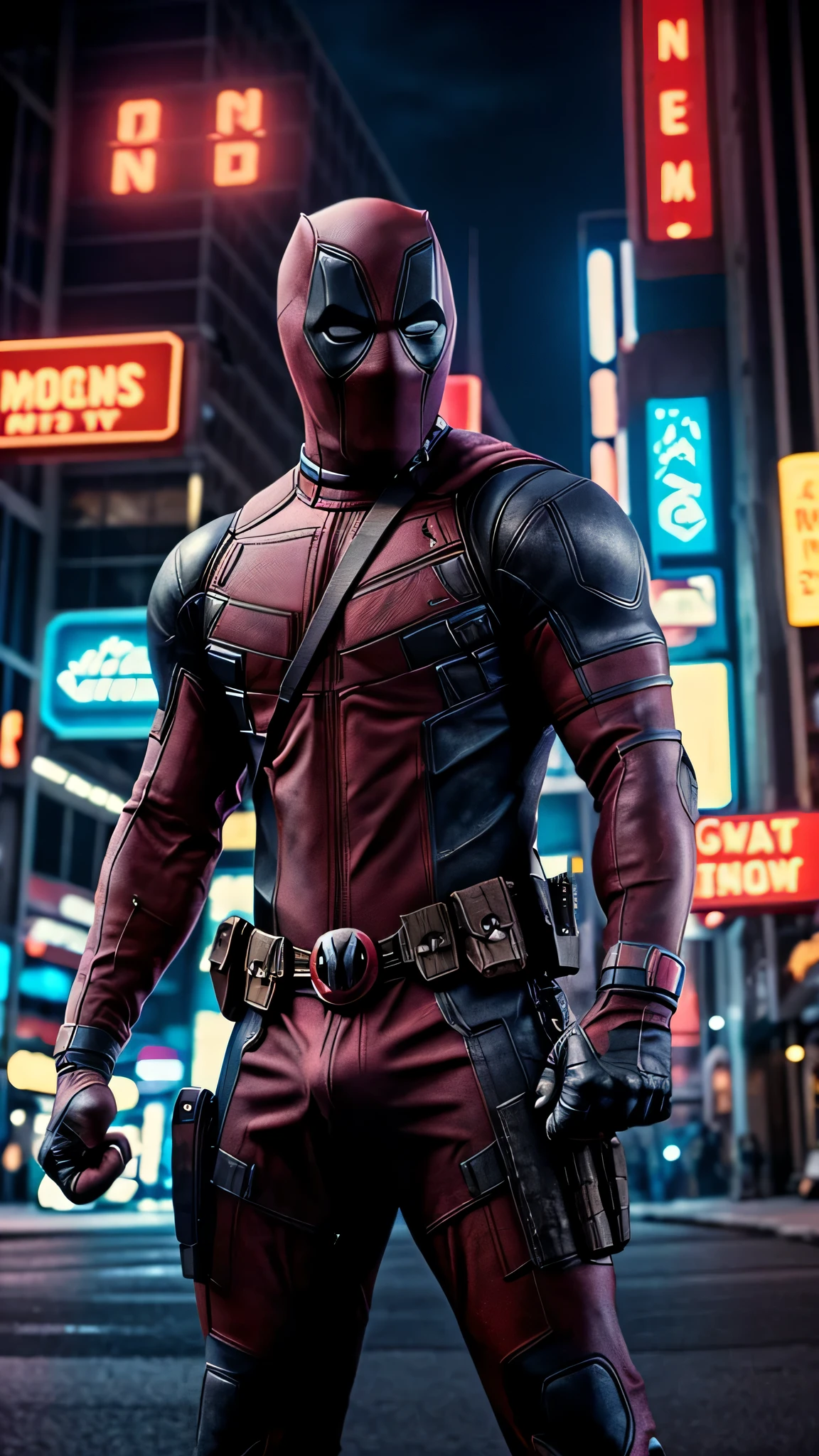 Marvels Deadpool, Muscular, prominent dick bulge, abs and biceps, holding gun, background city night, neon light, UHD, HDR, cinematic.