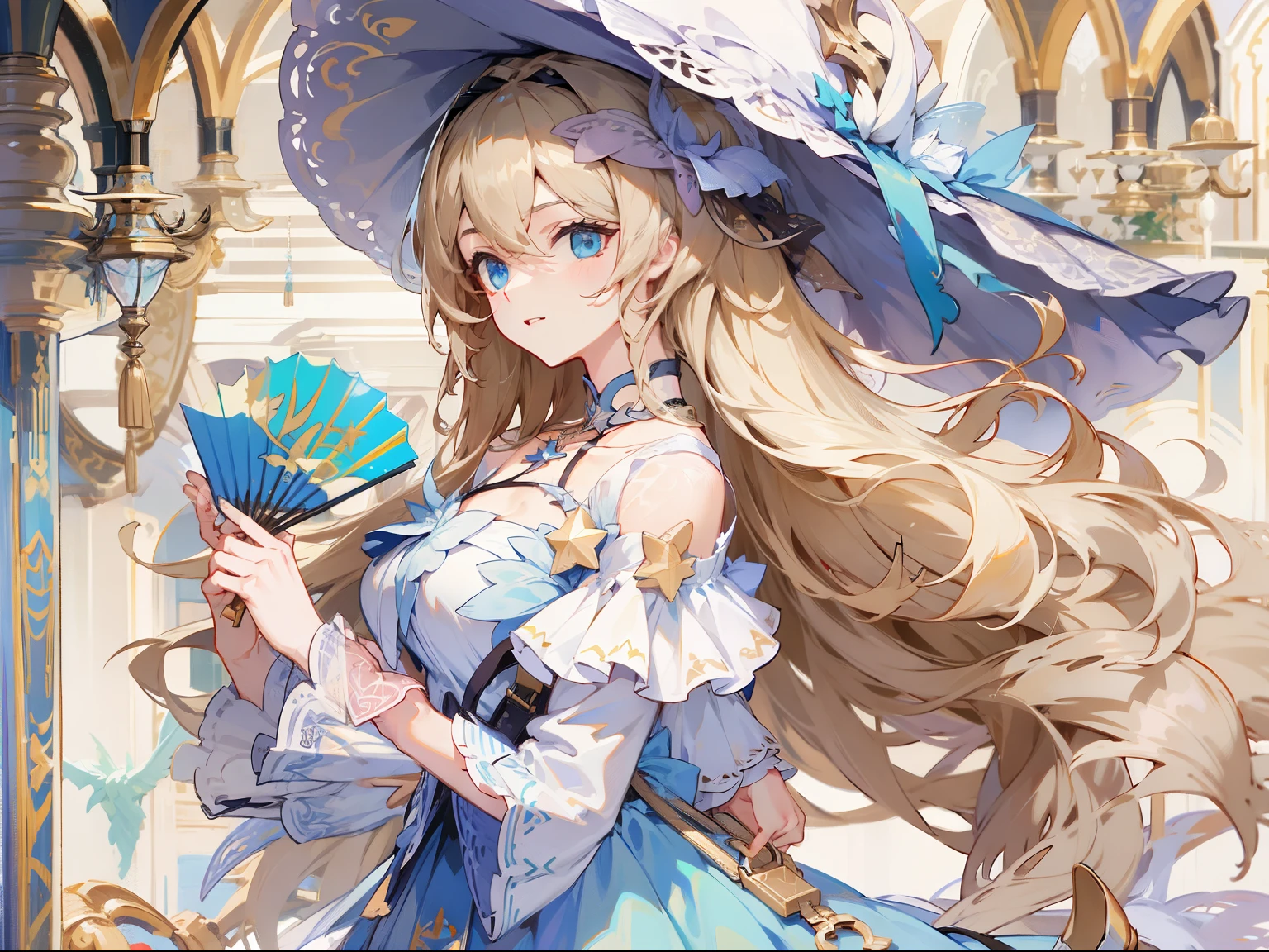 (Masterpiece, best quality) detailed, Detailed face, honkai star rail character, very long light brown hair, beautiful blue eyes, character sheet, full bodyesbian, many items (same person, dress, necklace, lace, bow, hat, handbag, shoes, fan, decoration, many parts), aristocratic woman, gentle, good-looking skirt, full of details, clear outfit design