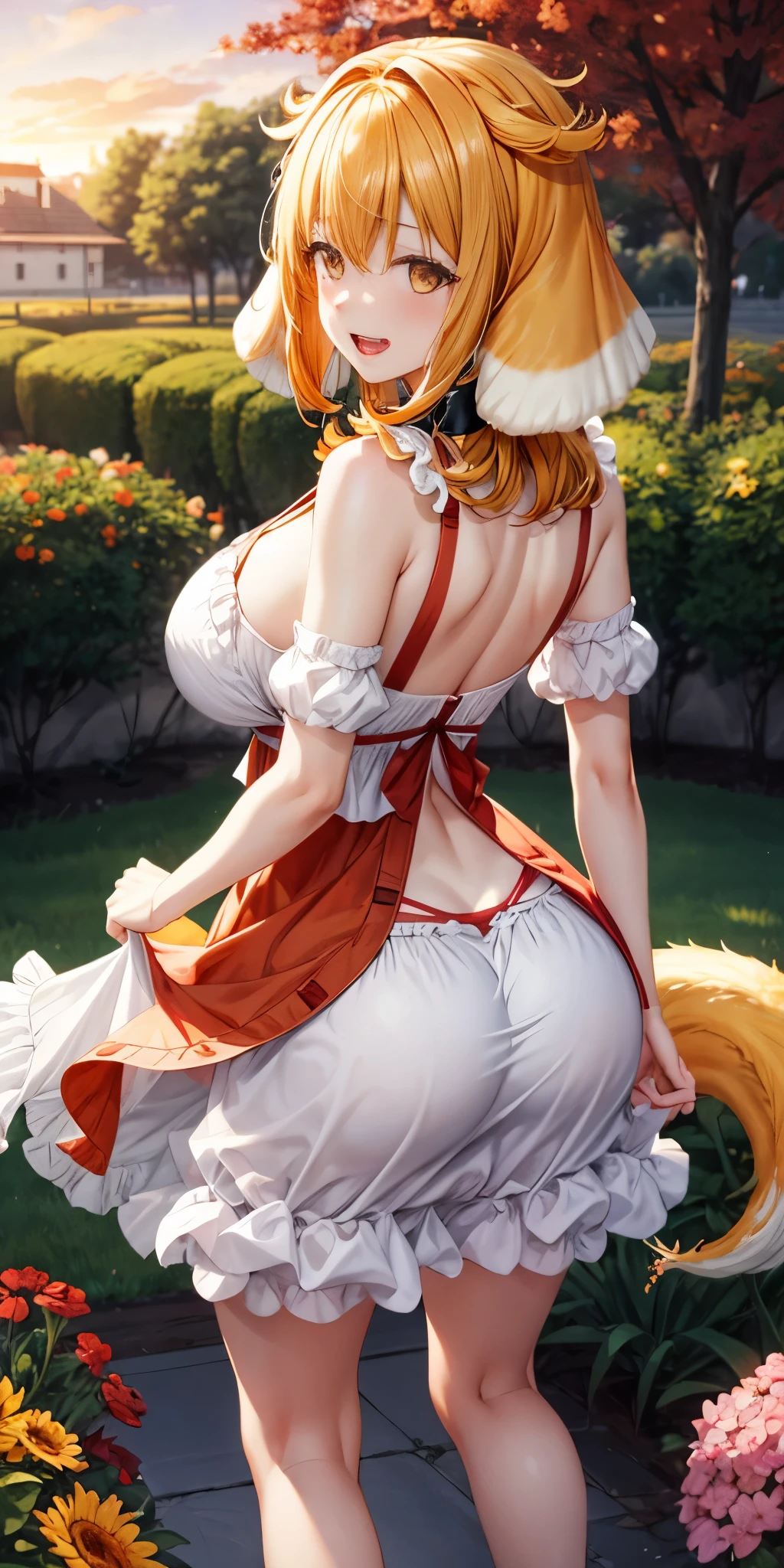 masterpiece, best quality, roxanne, dog ears, fluffy dog ears, collar, sundress, looking at viewer, garden, autumn, sunset, large breasts, ass, smile edgYSD, woman wearing a sundress, very voluminous very fluffy very long dog tail, dog tail starts immediately above butt, dog tail starts from skin, entire dog tail visible, short hair, bloomers, flushed skin, blushing face, red cheeks,  lewd smile, slightly open mouth, gravure, pinup, very long legs, no ears, open-back dress