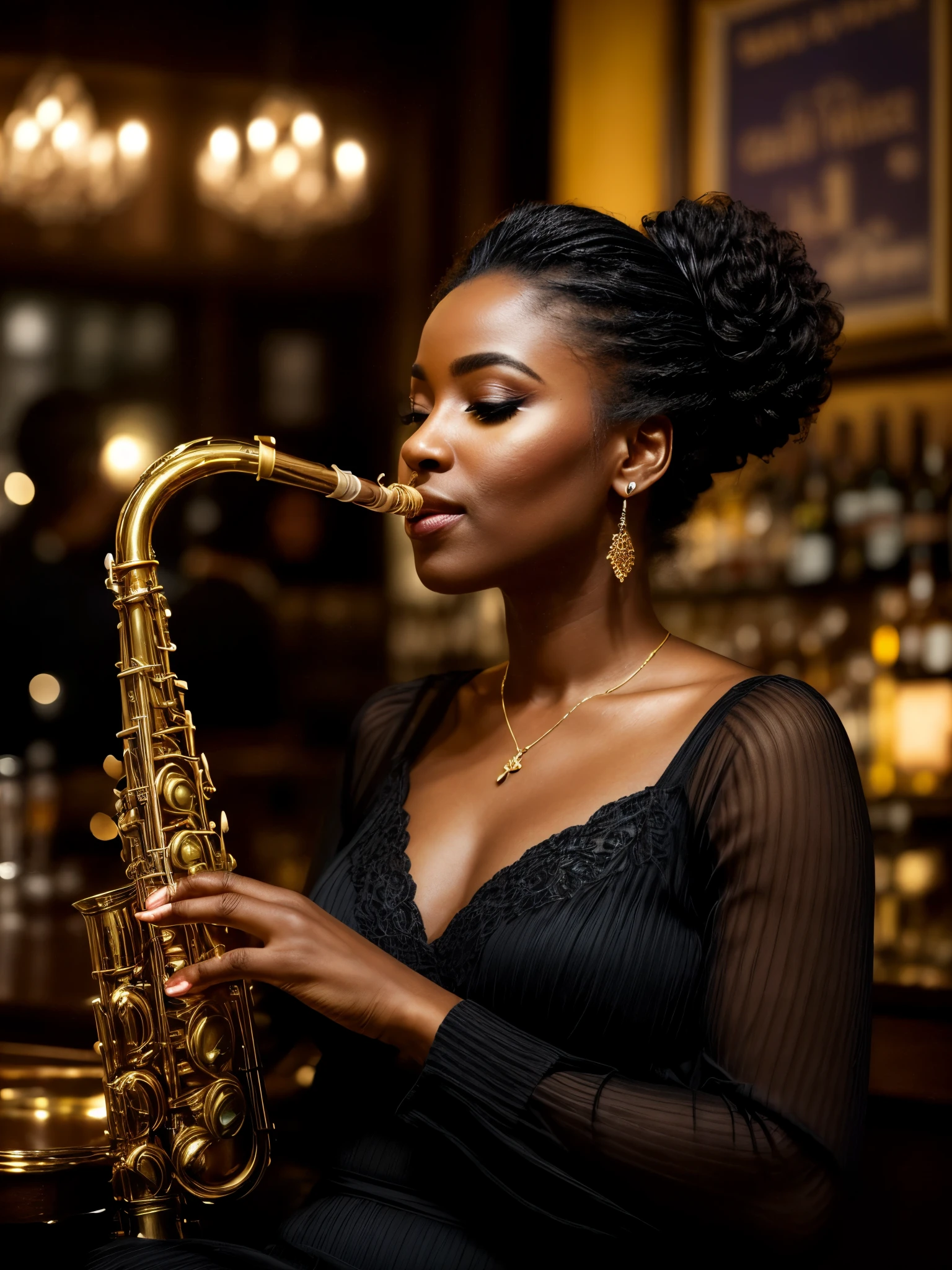 (best quality,4k,8k,highres,masterpiece:1.2),ultra-detailed,(realistic,photorealistic,photo-realistic:1.37),woman sitting at jazz bar,black man playing saxophone,dimly lit,smokey atmosphere,bar counter,drinks,wine glasses,velvet curtains,vintage decor,bartender,microphone,audience,enjoying music,vibrant jazz music,expressive saxophone playing,chilled drinks,candlelight,golden hues,bouquet of flowers,swaying to the rhythm,clinking glasses,relaxing atmosphere