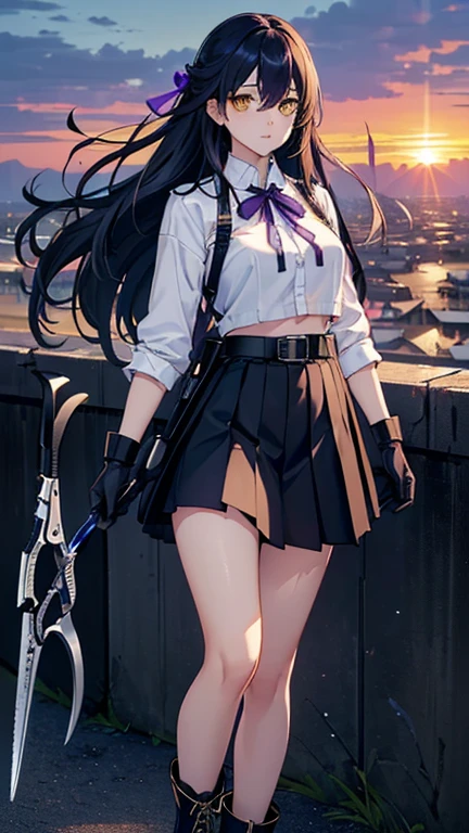 high quality、20generation、whole body画((whole body、woman、Yellow Eyes、Black and white long hair、Short shirt with a hem、Black gloves、Belt with holster、stomach、belly button、Holding scissors in his right hand、透ける黒いLong skirt、Pleated skirt、Long skirt、Skirt flip、Purple ribbon、White underwear、Underwear in full view、Clothes are not taken off、Erotic、Blue socks、Black Military Boots)) background((Aerial、Glass shards are flying、Sunset sky)) Written boundary depth、Visual Arts、high resolution、beautiful