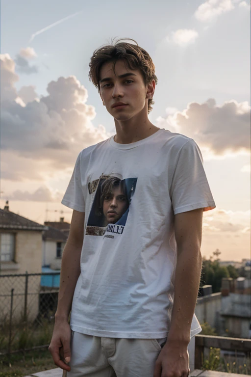 Un homme twink mignon de 19 ans d'1m74 assez fin. Il porte un t-shirt multicolore très ample en boule et se cache dans gratte-ciel abandonné. Il a le regard apeuré. There is a light from the sunset reflecting on his skin.