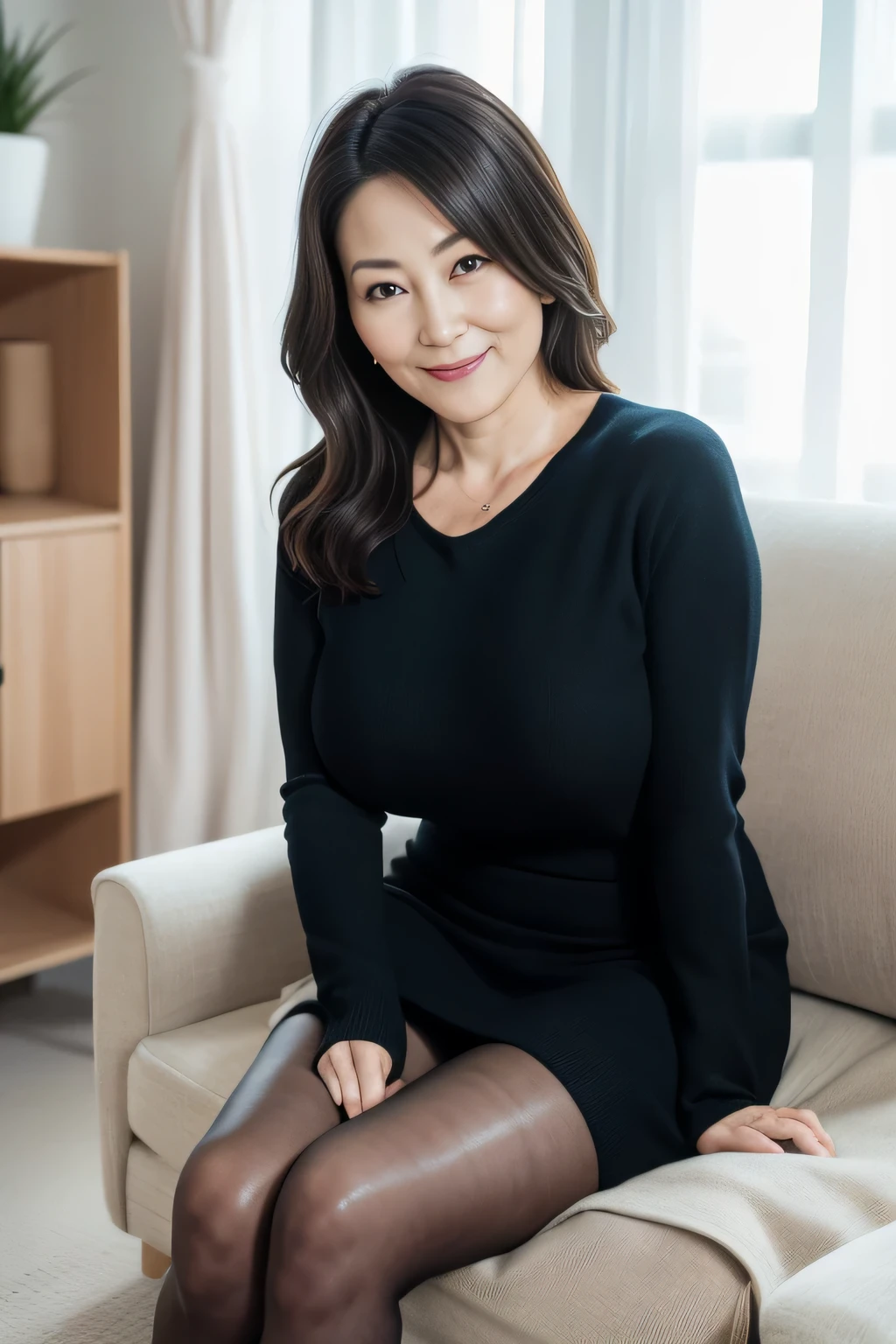 Solo.Selfie of a japanese woman. Woman sitting on sofa in living room.Hands are placed on the thighs.sexy black pantyhose .((Best Quality:1.0)), Camera angle looking up from her knee height.(Photorealistic:1.3),(Raw photo),Sharp Focus,finely detailed,High Quality, High Definition,japanese, 1 Middle Aged Woman,detailed face,(muscular:1.0), (around 44 years old),black hair..Japanese mature, good shape big breasts,High resolution, High level image quality, high detail, masterpiece, anatomically correct. .Tight Fit shallow V-neck sweater. skirt.middle hair.perfect fingers.Bewitching expression on her face.maternal glance.looking at viewer.bewitching smile.Frustrated and seductive expressions.