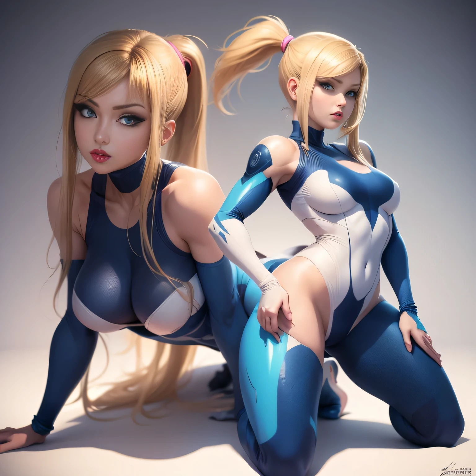 zero suit samus, blue eyes, stunning proportions, zero suit, skin-fit bodysuit, white background, long hair, ponytail, extremely detailed, shiny, shot from behind, sexy armor, cleavage, spread legs, pink lipstick, kneeling, sleeveless, thighhighs, soft,