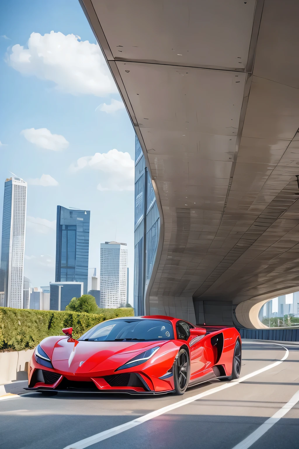 Super bright and modern metallic-vermillion racing car is running on the expressway,
City of high transportation technology complex, skyscrapers , and towers,
Good green environmental atmosphere,
Morning sunlight with blue sky and white cloud