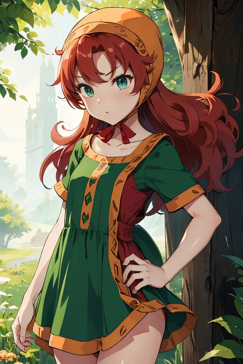 High resolution、highest quality、Small stature、Small shoulders、White skin、long hair、slender、maribel、 red hair、hood, (green dress)、Green Mini Dress、Big slit、blush、Thin thighs