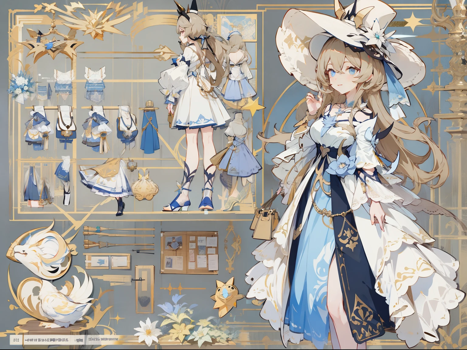 (Masterpiece, best quality) detailed, Detailed face, honkai star rail character, very long light brown hair, beautiful blue eyes, character sheet, full bodyesbian, many items (same person, dress, necklace, lace, bow, hat, handbag, shoes, fan, decoration, many parts), aristocratic woman, gentle, good-looking skirt, full of details, clear outfit design