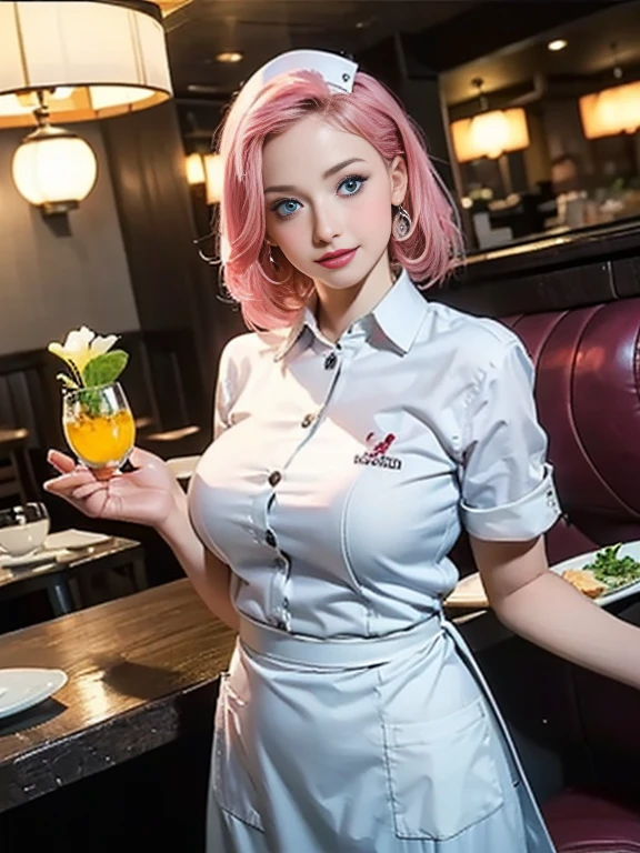 (best quality, 8k, photorealistic:1.5), (solo, one girl:1.5),(shine a bright light on women),(ultimate beautiful girl),(shiny skin),(oily skin),(pink hair:1.5),(short hairstyle:1.3),(cool beauty),Blush brown makeup , dark eye makeup , use pink glossy lipstick,(big beady eyes girl:1.5),(droopy eyes girl:1.5),(blue eyes:1.5),(thin girl:1.5),( girl:1.5),(healthy body),(sex appeal),(sweet smelling girl),(she works for low wages),(kind-hearted woman),(she has a nice smile),(woman with a happy look),(she is very sociable),(from a very poor family),(virgin girl),(She is a secret pervert.),(she covertly lewd),(she looks so erotic),chuuChloe,(woman with very soft breasts),(woman fantasizing about sex),(allurement),(impressive eyes:1.5),(clean girl),(affability),(cute smile),(good personality),(serious personality),(wants sex),(want to masturbate),(want to have sex forcibly),(relaxing time),(hair ornaments),(compassion),(impurity),(love filled),(get horny),(No love experience),(private room),(teenager),(restaurant waitress:1.5)