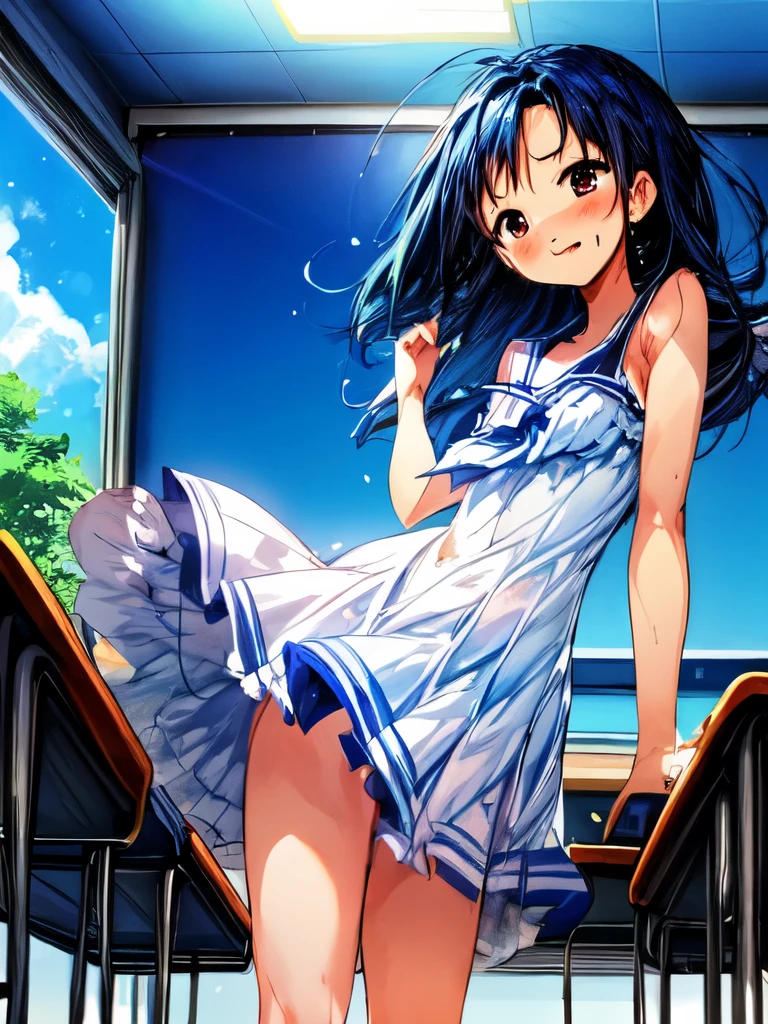 Create an image of a girl, classroom, vibrant blue sky. The image should capture the essence of summer, with a warm and sunny background. The girl should be in a typical summer pose, with a high-contrast effect and a subtle glow. The upper part of the screen should have a darker tone, gradually transitioning into a brighter tone towards the bottom.