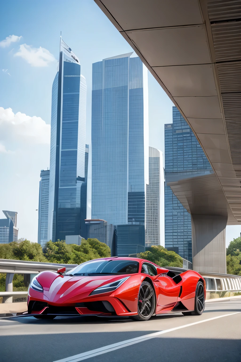 Super bright and modern metallic-vermillion racing car is running on the expressway,
City of high transportation technology complex, skyscrapers , and towers,
Good green environmental atmosphere,
Morning sunlight with blue sky and white cloud