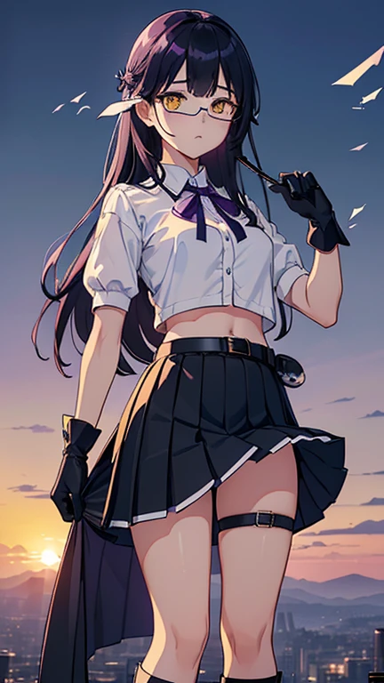 high quality、20generation、whole body画((whole body、woman、Monocle、Yellow Eyes、Black and white long hair、Short shirt with a hem、Black gloves、Belt with holster、stomach、belly button、Holding scissors in his right hand、透ける黒いLong skirt、Pleated skirt、Long skirt、Skirt flip、Purple ribbon、White underwear、Underwear in full view、Clothes are not taken off、Erotic、Blue socks、Black boots)) background((Aerial、Glass shards are flying、Sunset sky)) Written boundary depth、Visual Arts、high resolution、beautiful、Panties in full view、