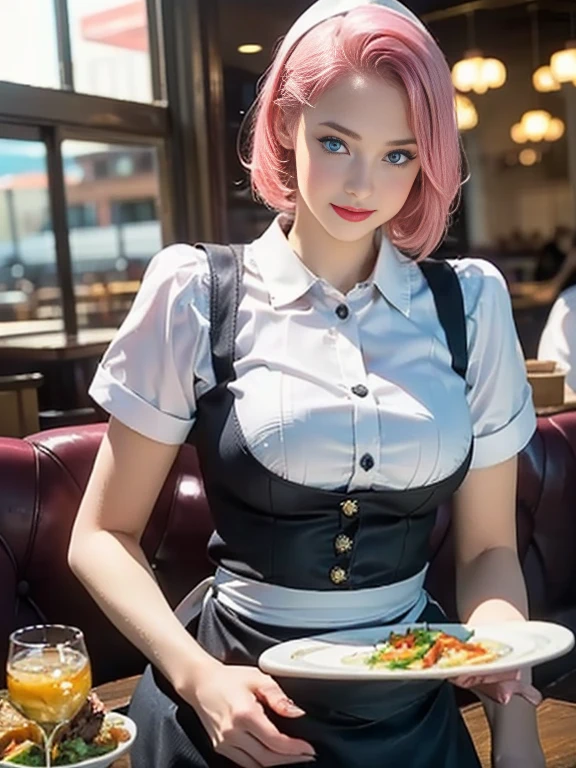 (best quality, 8k, photorealistic:1.5), (solo, one girl:1.5),(shine a bright light on women),(ultimate beautiful girl),(shiny skin),(oily skin),(pink hair:1.5),(short hairstyle:1.3),(cool beauty),Blush brown makeup , dark eye makeup , use pink glossy lipstick,(big beady eyes girl:1.5),(droopy eyes girl:1.5),(blue eyes:1.5),(thin girl:1.5),(baby face girl:1.5),(healthy body),(sex appeal),(sweet smelling girl),(she works for low wages),(kind-hearted woman),(she has a nice smile),(woman with a happy look),(she is very sociable),(from a very poor family),(virgin girl),(She is a secret pervert.),(she covertly lewd),(she looks so erotic),chuuChloe,(woman with very soft breasts),(woman fantasizing about sex),(allurement),(impressive eyes:1.5),(clean girl),(affability),(cute smile),(good personality),(serious personality),(wants sex),(want to masturbate),(want to have sex forcibly),(relaxing time),(hair ornaments),(compassion),(impurity),(love filled),(get horny),(No love experience),(teenager:1.2),(restaurant waitress:1.5)