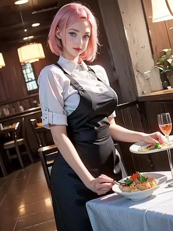 (best quality, 8k, photorealistic:1.5), (solo, one girl:1.5),(shine a bright light on women),(ultimate beautiful girl),(shiny skin),(oily skin),(pink hair:1.5),(short hairstyle:1.3),(cool beauty),Blush brown makeup , dark eye makeup , use pink glossy lipstick,(big beady eyes girl:1.5),(droopy eyes girl:1.5),(blue eyes:1.5),(thin girl:1.5),(baby face girl:1.5),(healthy body),(sex appeal),(sweet smelling girl),(she works for low wages),(kind-hearted woman),(she has a nice smile),(woman with a happy look),(she is very sociable),(from a very poor family),(virgin girl),(She is a secret pervert.),(she covertly lewd),(she looks so erotic),chuuChloe,(woman with very soft breasts),(woman fantasizing about sex),(allurement),(impressive eyes:1.5),(clean girl),(affability),(cute smile),(good personality),(serious personality),(wants sex),(want to masturbate),(want to have sex forcibly),(relaxing time),(hair ornaments),(compassion),(impurity),(love filled),(get horny),(No love experience),(teenager:1.2),(restaurant waitress:1.5)