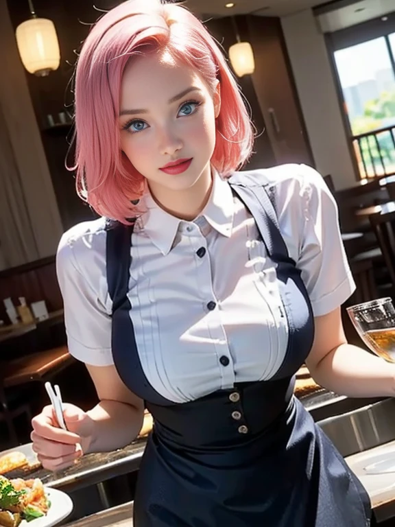 (best quality, 8k, photorealistic:1.5), (solo, one girl:1.5),(shine a bright light on women),(ultimate beautiful girl),(shiny skin),(oily skin),(pink hair:1.5),(short hairstyle:1.3),(cool beauty),Blush brown makeup , dark eye makeup , use pink glossy lipstick,(big beady eyes girl:1.5),(droopy eyes girl:1.5),(blue eyes:1.5),(thin girl:1.5),( girl:1.5),(healthy body),(sex appeal),(sweet smelling girl),(she works for low wages),(kind-hearted woman),(she has a nice smile),(woman with a happy look),(she is very sociable),(from a very poor family),(virgin girl),(She is a secret pervert.),(she covertly lewd),(she looks so erotic),chuuChloe,(woman with very soft breasts),(woman fantasizing about sex),(allurement),(impressive eyes:1.5),(clean girl),(affability),(cute smile),(good personality),(serious personality),(wants sex),(want to masturbate),(want to have sex forcibly),(relaxing time),(hair ornaments),(compassion),(impurity),(love filled),(get horny),(No love experience),(teenager:1.2),(restaurant waitress:1.5)