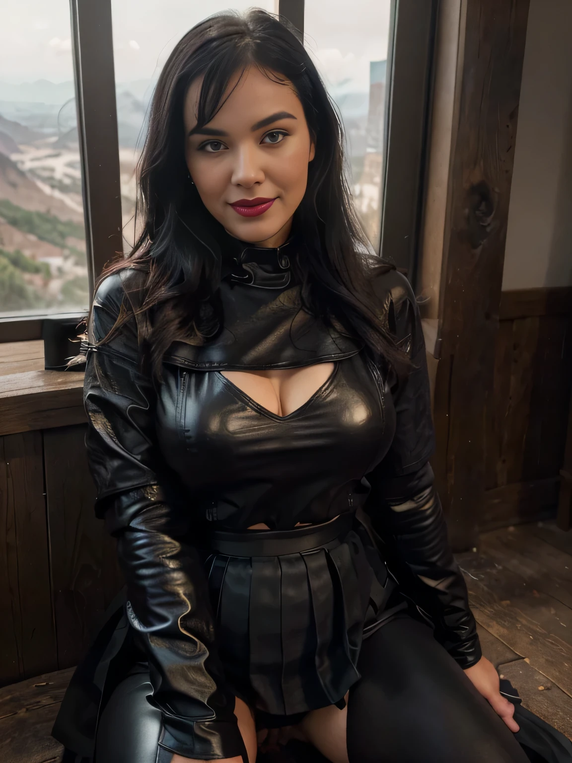 proFessional portrait photograph oF a gorgeous smiling happy soaked Bettie page girl dressed with a large black leather coat,ponytail Black hair, red lipstick,black long maxi-skirt(black long maxi-skirt:1.2),sultry Flirty look, gorgeous symmetrical Face, joli maquillage naturel, wearing elegant warm winter Fashion clothing,flirting with the camera, ((black leather gloves)), (( hands between her legs )) (on a mountain outside an open bar drinking a espresso )), ultra realistic, art conceptuel, elegant, Very detailed, complexe, sharp Focus, depth oF Field, F/1. 8, 85mm, (((proFessionally color graded))), bright soFt diFFused light, (volumetric Fog), tendance sur Instagram, hdr 4k, 8K