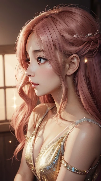 Chica with wit and charm, ruby anime-style hair aglow,
Fixes her beautiful face in profile as light softly bestows,
Subtle blush on her cheeks, in every detail a glow,
Sparkle in her eyes, a fine line of radiance to show,

Short dress accentuates figure, playful touch to her grace,
Captivating allure, enchanting every single space.