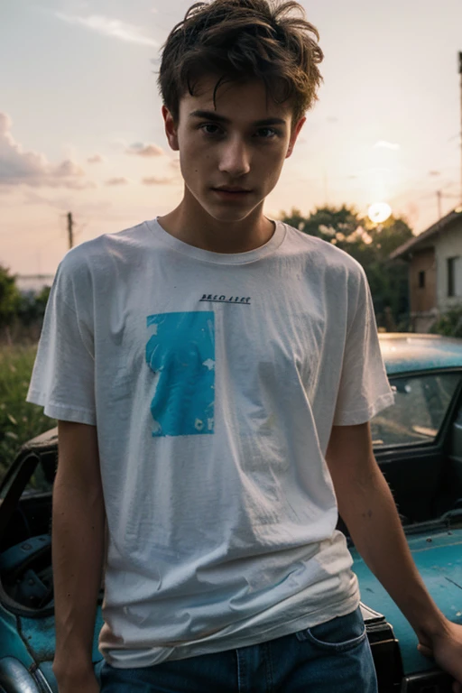 Un homme twink mignon de 19 ans d'1m74 assez fin. He wears a very loose multi-colored t-shirt and hides on an abandoned car. Il a le regard apeuré. There is a light from the sunset reflecting on his skin.