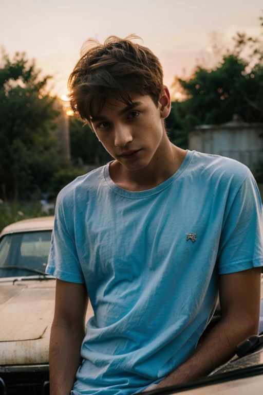 Un homme twink mignon de 19 ans d'1m74 assez fin. He wears a very loose multi-colored t-shirt and hides on an abandoned car. Il a le regard apeuré. There is a light from the sunset reflecting on his skin.