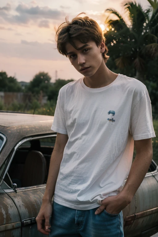 Un homme twink mignon de 19 ans d'1m74 assez fin. He wears a very loose multi-colored t-shirt and hides on an abandoned car. Il a le regard apeuré. There is a light from the sunset reflecting on his skin.