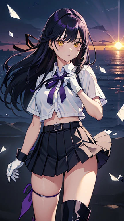 high quality、20generation、whole body画((whole body、woman、Monocle、Yellow Eyes、Black and white long hair、Short shirt with a hem、Black gloves、Belt with holster、stomach、belly button、Holding scissors in his right hand、透ける黒いLong skirt、Pleated skirt、Long skirt、Skirt flip、Purple ribbon、White underwear、Underwear in full view、Clothes are not taken off、Erotic、Blue socks、Black boots)) background((Aerial、Glass shards are flying、Sunset sky)) Written boundary depth、Visual Arts、high resolution、beautiful、Panties in full view、Erotic