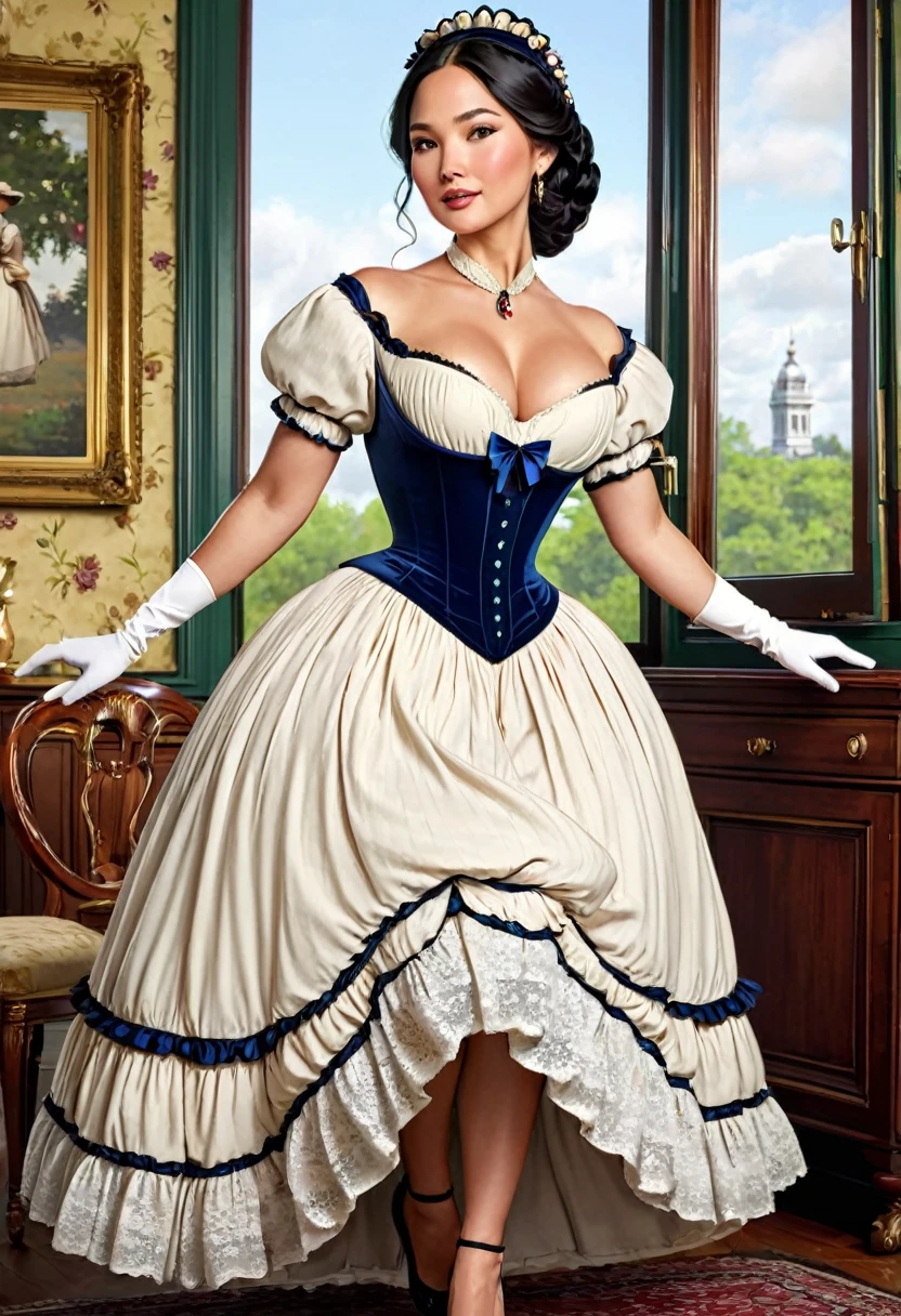 A beautiful Aristacrat woman with soft facial features who embodies old fashioned class, sophistication, elgance as well as wholesome, natural beauty. curvy, thin-waist, wide-hips, swaying-hips. Olivia Munn. Oppulent historically accurate victorian dress.
