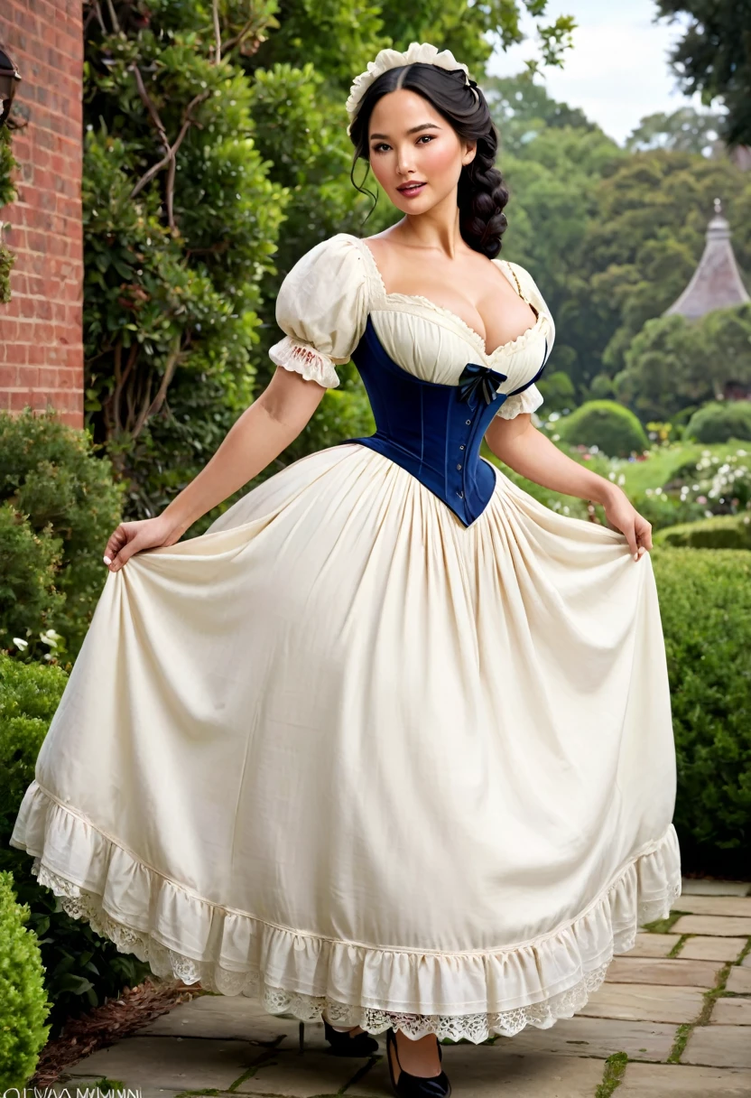 A beautiful Aristacrat woman with soft facial features who embodies old fashioned class, sophistication, elgance as well as wholesome, natural beauty. curvy, thin-waist, wide-hips, swaying-hips. Olivia Munn. Oppulent historically accurate victorian dress.
