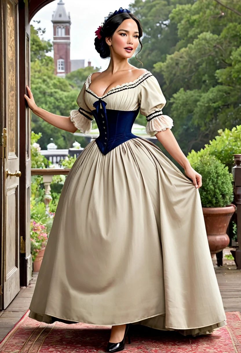 A beautiful Aristacrat woman with soft facial features who embodies old fashioned class, sophistication, elgance as well as wholesome, natural beauty. curvy, thin-waist, wide-hips, swaying-hips. Olivia Munn. Oppulent historically accurate victorian dress.
