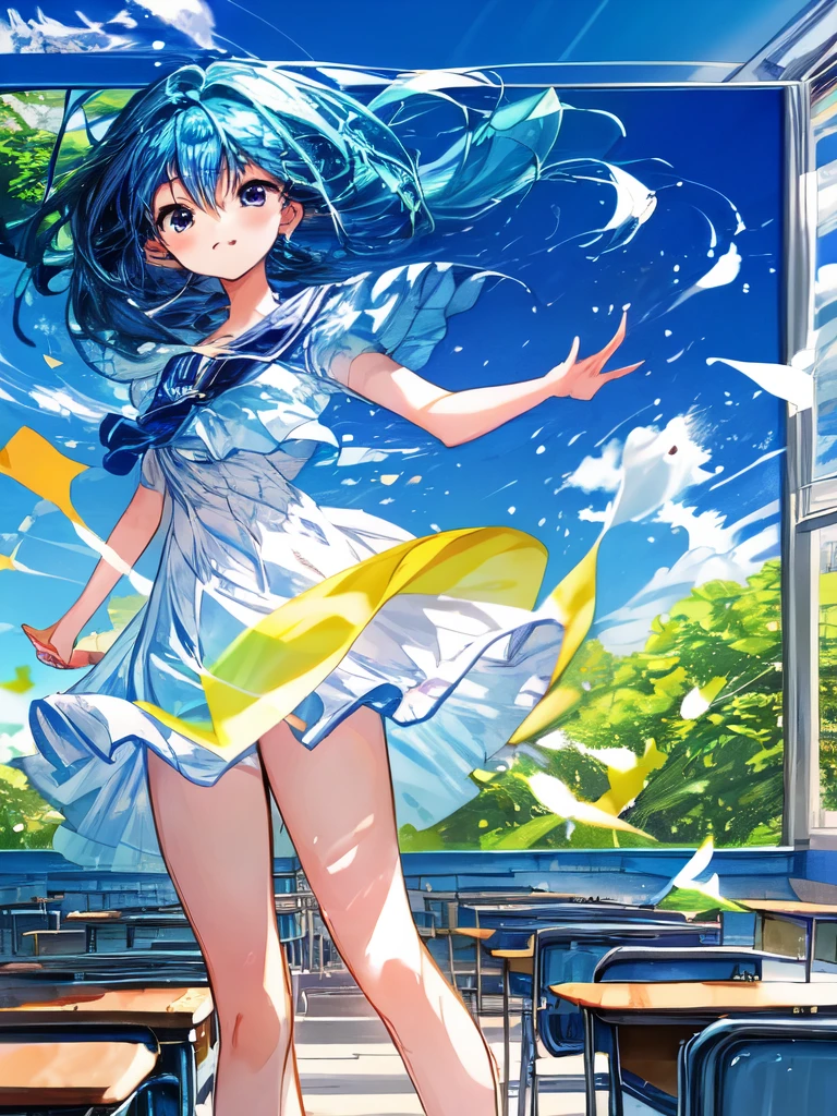 Create an image of a girl, classroom, vibrant blue sky. The image should capture the essence of summer, with a warm and sunny background. The girl should be in a typical summer pose, with a high-contrast effect and a subtle glow. The upper part of the screen should have a darker tone, gradually transitioning into a brighter tone towards the bottom.