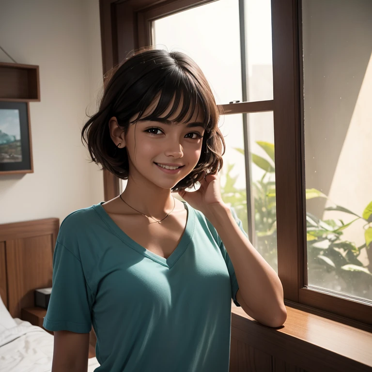 (highest resolution, distinto_imagen) la mejor calidad, una mujer, Obra maestra, Muy detallado, semi realista, , hermoso, joven, elegante, Camiseta, camisa lila tirada, cuello en el cuello, interior, modern room, ventana, despertar, tomorrow, rubor, sonriente