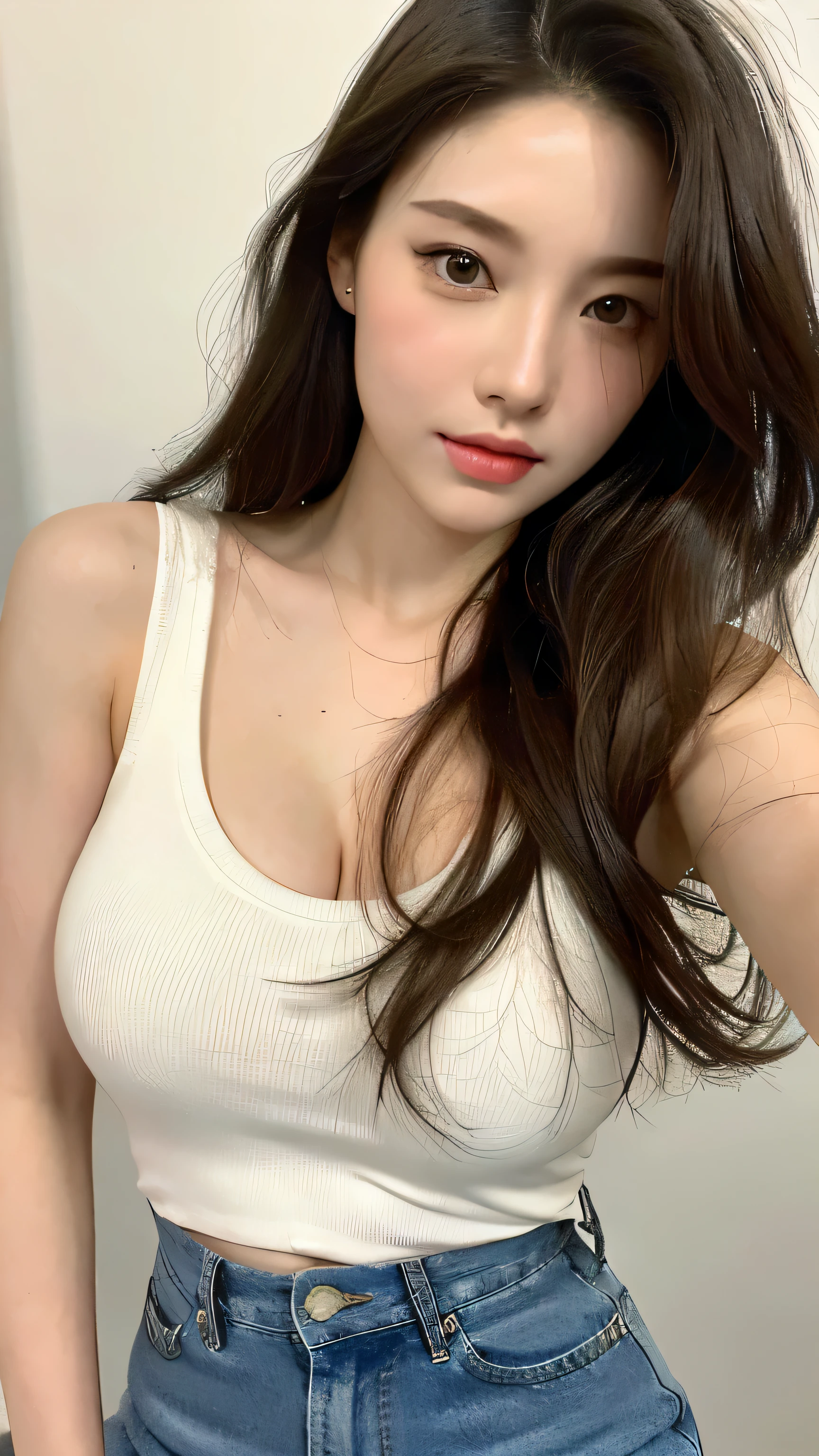 （real， High resolution：1.3）， One girl with a perfect body， Very beautiful face and eyes，Long white hair， Random color tank top：1.2， Short Jeans Pants， Big Breasts，Exposing cleavage