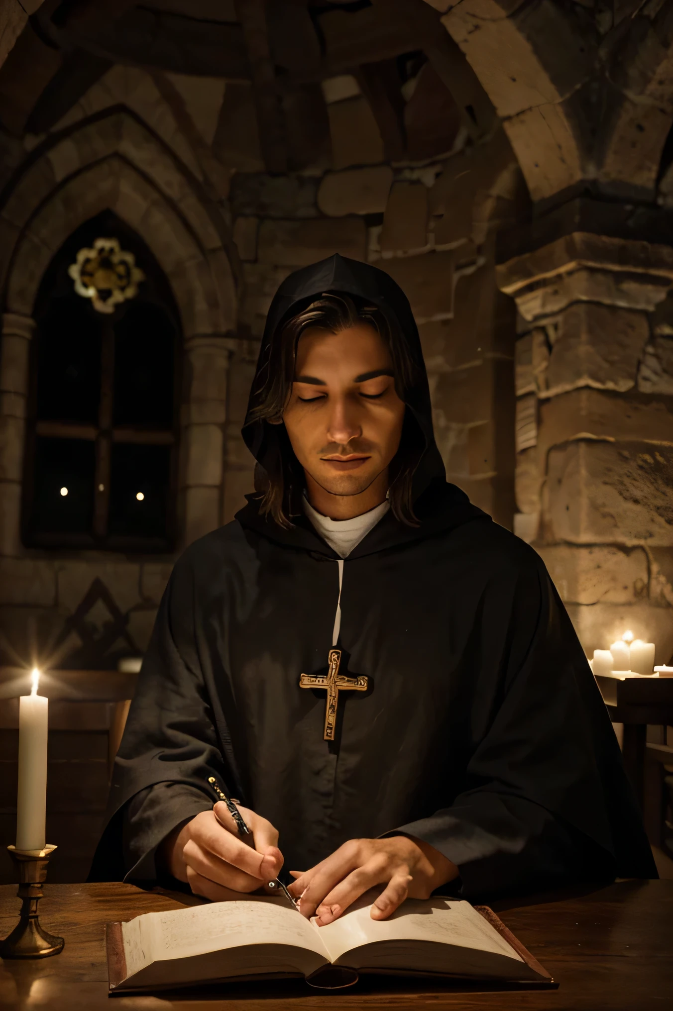 Imagina a un sacerdote medieval, dressed in a long tunic and hood, arrodillado en el suelo de una capilla antigua. La luz tenue de las velas ilumina su figura, resaltando la textura de la piedra antigua de las paredes. Their hands are joined in prayer, with his fingers intertwined and an expression of deep devotion on his face. His gaze is directed towards the ceiling of the chapel, como si estuviera buscando una respuesta divina en el cielo nocturno. Fuera de la ventana, se vislumbran las estrellas y la luna, adding a touch of mysticism to the scene. El ambiente general es sereno y espiritual, conveying the priest's connection with the divine in the midst of the tranquility of the night.