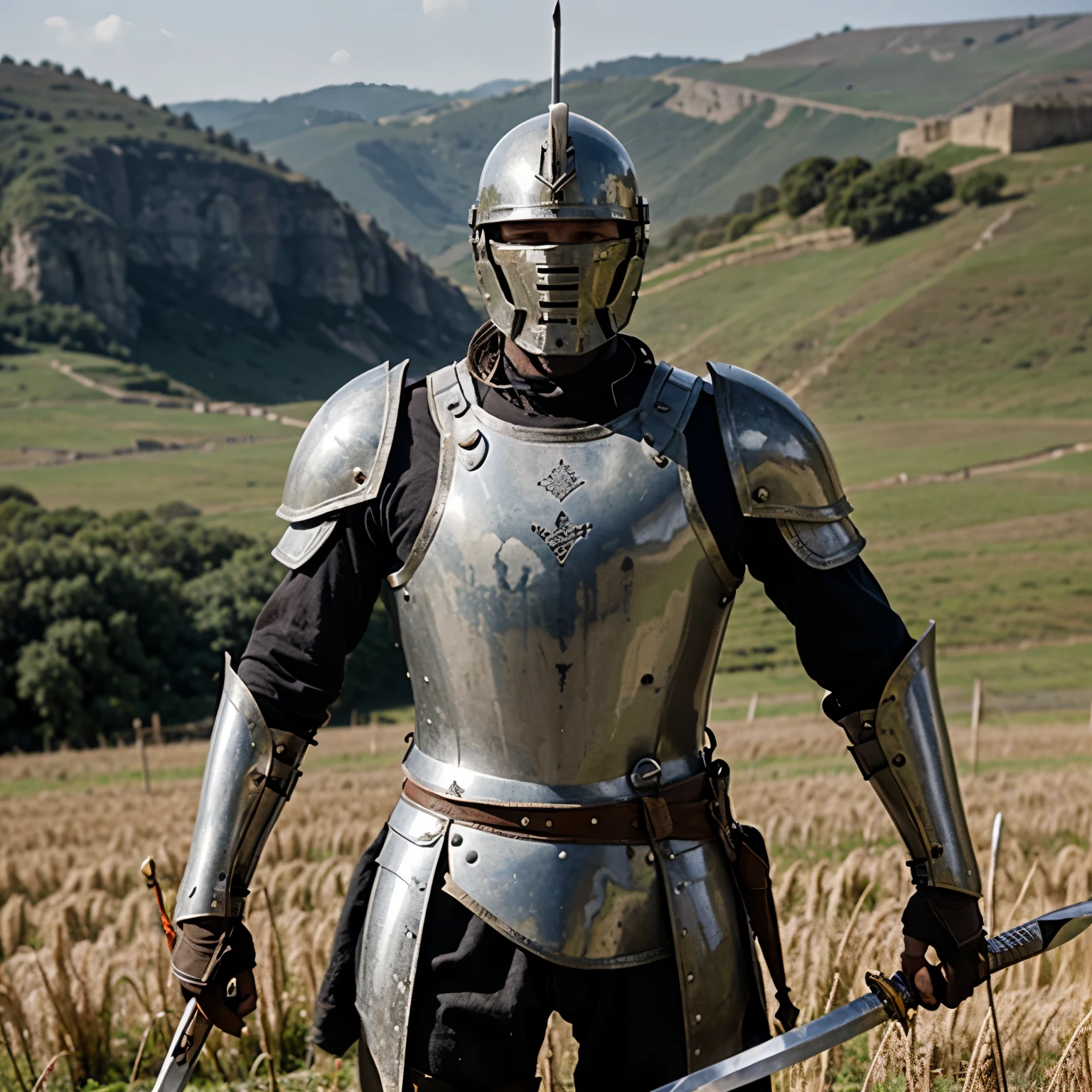 A  ancient war soldier holding  sword in Field wearing metal armour 