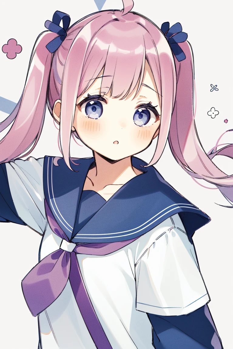 One girl, solo, Blusher, Pink Hair, Twin tails, serafuku, Floral Background,Dullahan,