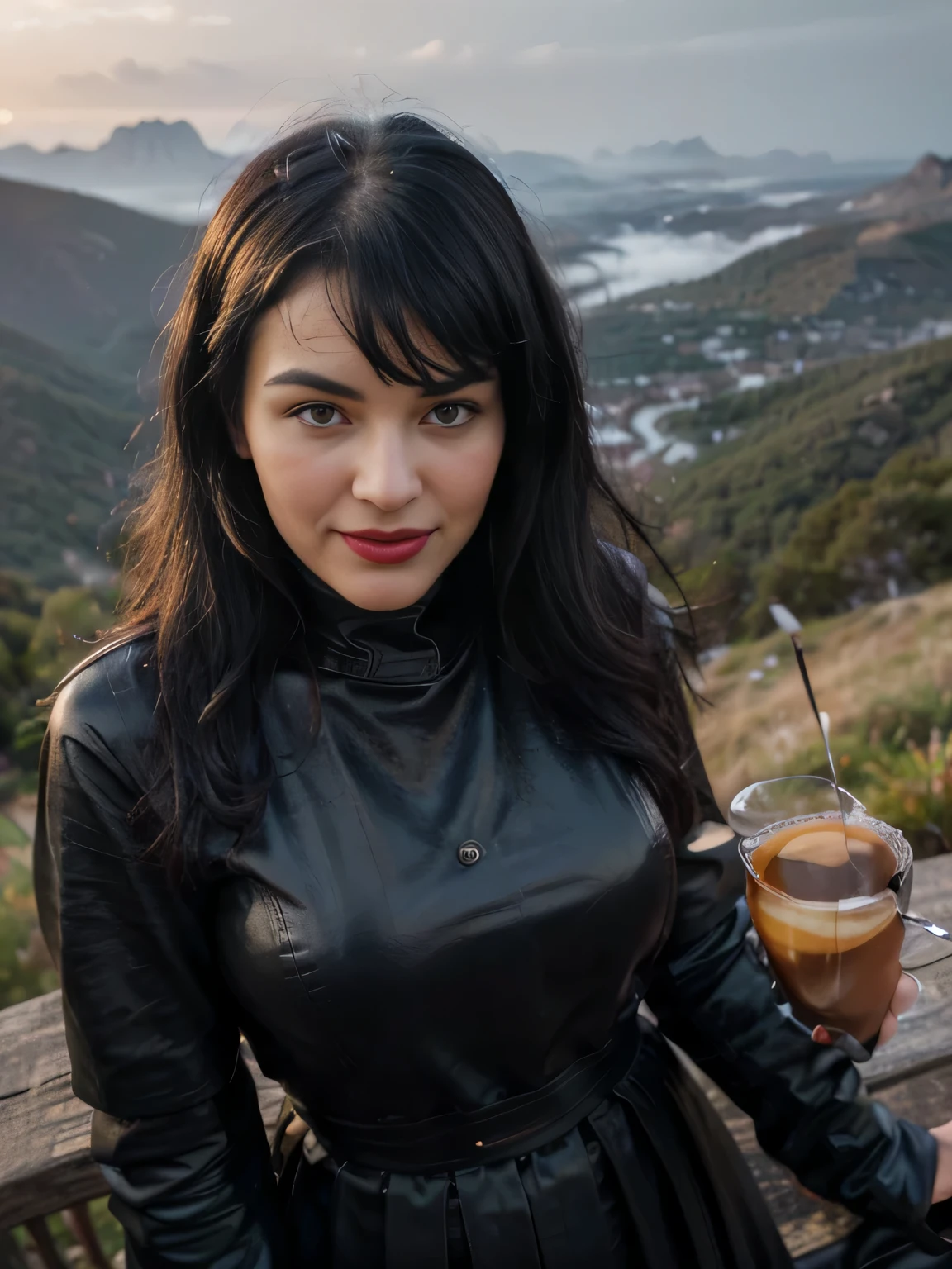 proFessional portrait photograph oF a gorgeous smiling happy soaked Bettie page girl dressed with a large black leather coat,ponytail Black hair, red lipstick,black long maxi-skirt(black long maxi-skirt:1.2),sultry Flirty look, gorgeous symmetrical Face, joli maquillage naturel, wearing elegant warm winter Fashion clothing,flirting with the camera, ((black leather gloves)), ((on a mountain outside an open bar drinking a espresso )), ultra realistic, art conceptuel, elegant, Very detailed, complexe, sharp Focus, depth oF Field, F/1. 8, 85mm, (((proFessionally color graded))), bright soFt diFFused light, (volumetric Fog), tendance sur Instagram, hdr 4k, 8K