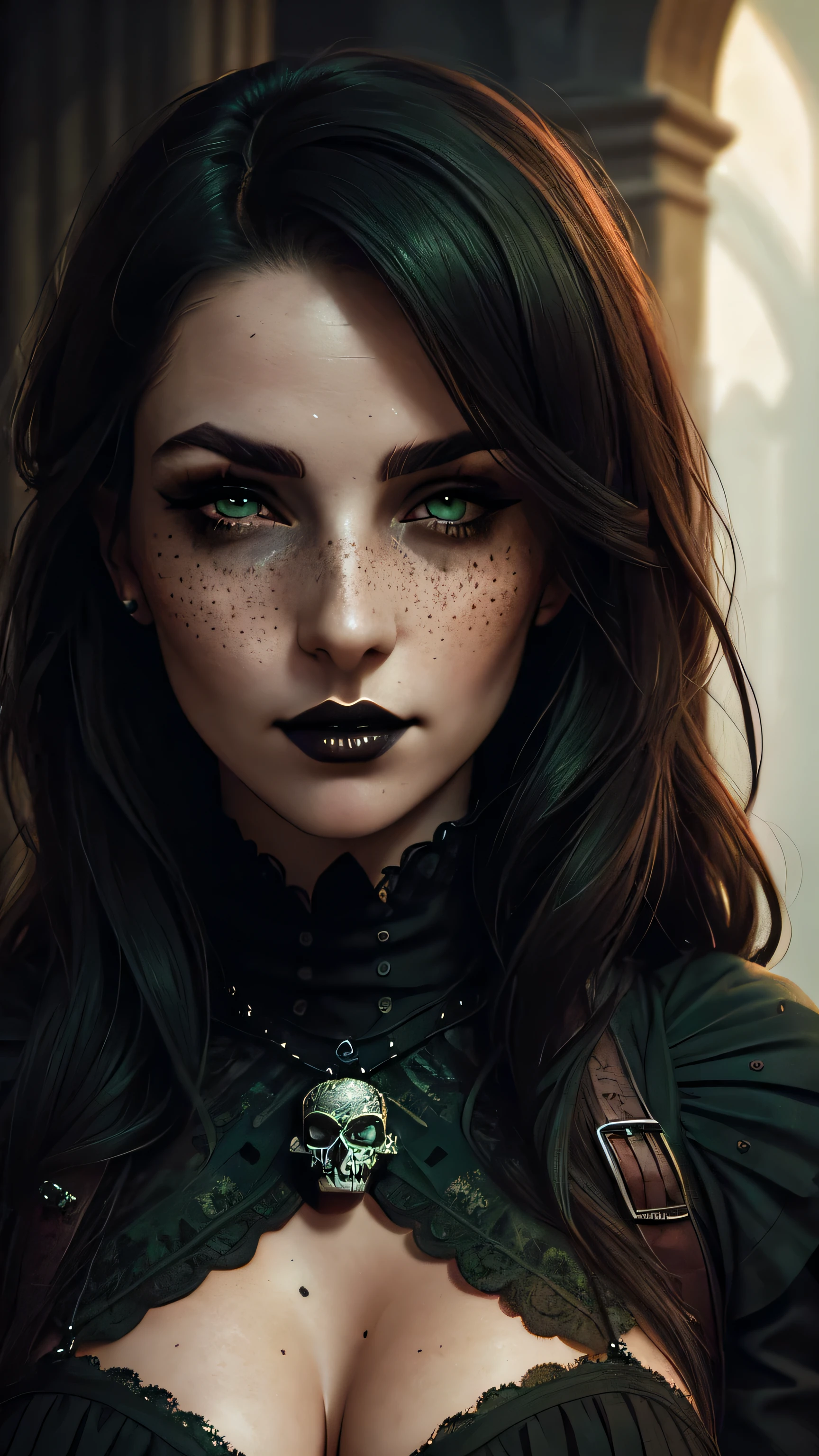 (best quality, hyperdetailed photography:1.2), beautiful lady, freckles, gothic dark makeup, soft light, perfect breast, cover, (detailed beautiful face, detail skin texture, ultra-detailed body:1.1) sexy vampire girl, green eyes, perfect body, skull, blood