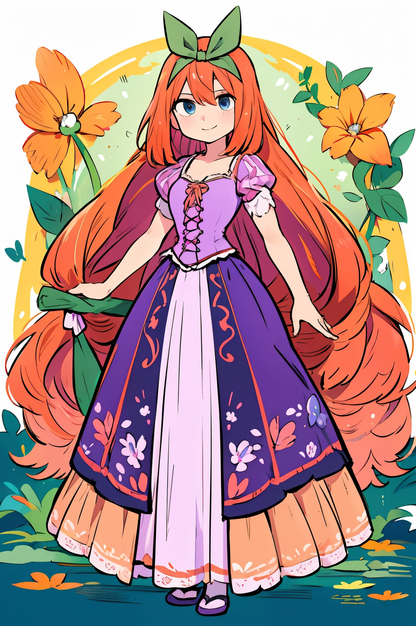 Fusion between Rapunzel from disney and Yotsuba Nakano, good fusion, excellent character design, masterpiece, 4k, perfect anatomy, perfect face, perfect eyes, 1girl, solo, full body, yotsuba nakano wearing rapunzel's dress, long long orange hair, red hair, pink hair, orange hair, extremely long hair, bangs, hair between eyes, green ribbon on hair, hair ribbon, blue eyes, athletic, muscular, purple rapunzel dress, long dress, long purple dress, smiling, cute, lovely, lovely expression, simply nature magical background, full body, standing up
