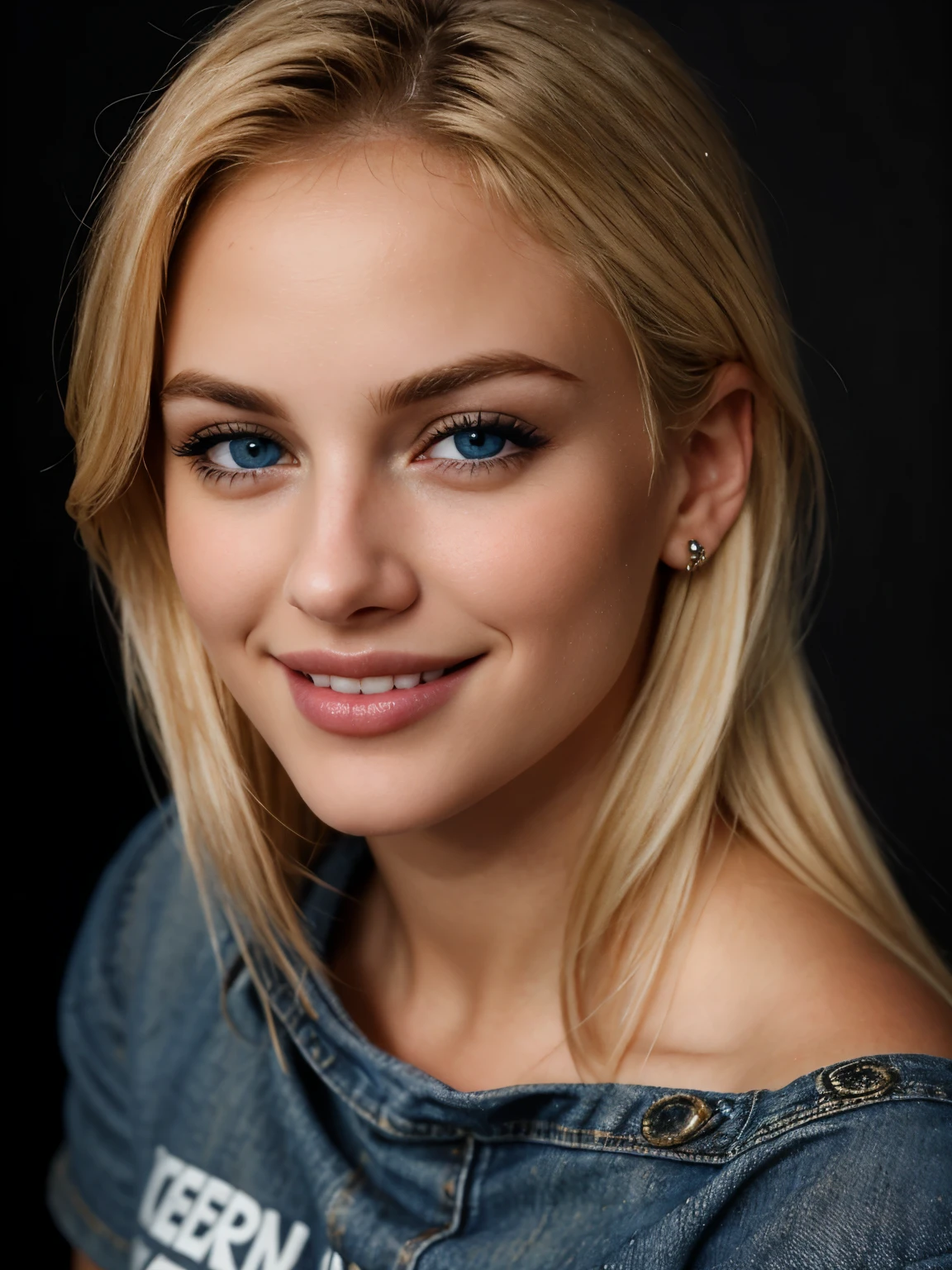 Close-up photo of a blonde with perfect eyes, dark upper body, smile, dark background, plump lips , Dressed in jeans and a T-shirt, ultrarealism