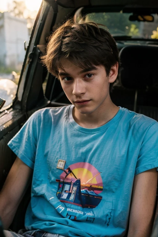 Un homme twink mignon de 19 ans d'1m74 assez fin. He wears a very loose multi-colored t-shirt and hides in an old abandoned car. Il a le regard apeuré. There is a light from the sunset reflecting on his skin.