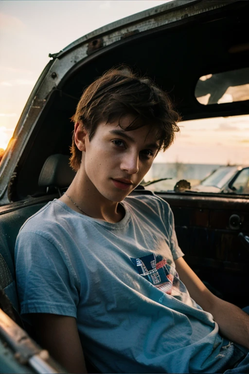 Un homme twink mignon de 19 ans d'1m74 assez fin. He wears a very loose multi-colored t-shirt and hides in an old abandoned car. Il a le regard apeuré. There is a light from the sunset reflecting on his skin.