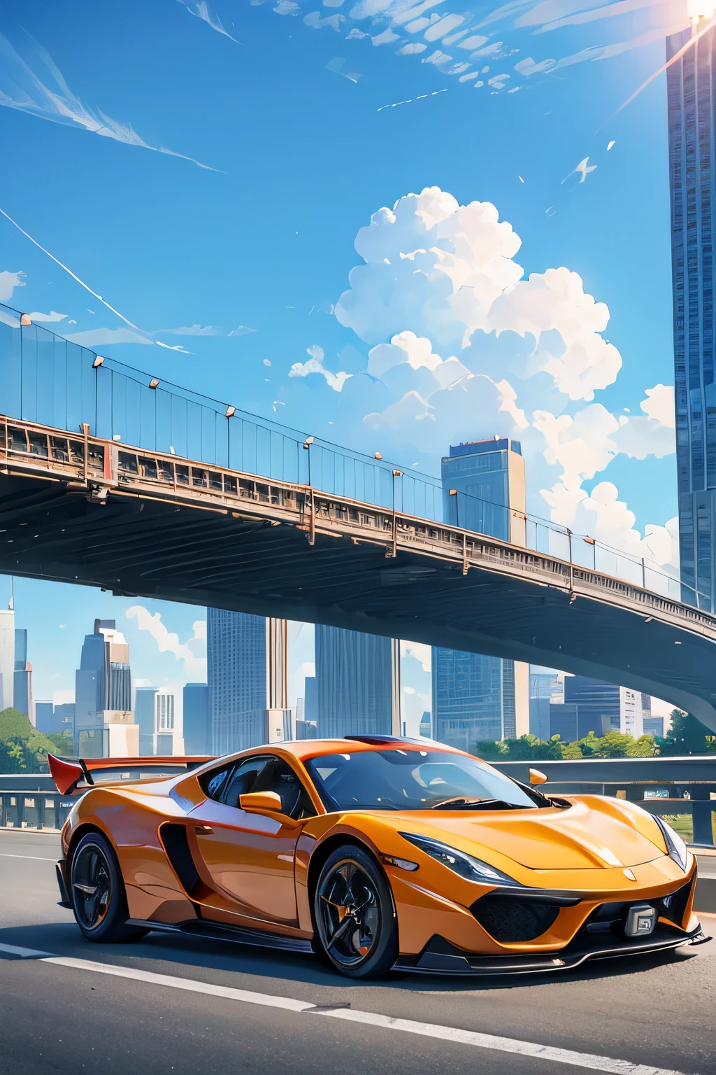 Super bright and modern metallic-vermillion racing car is running on the expressway,
City of high transportation technology complex, skyscrapers , and towers,
Good green environmental atmosphere,
Morning sunlight with blue sky and white cloud
