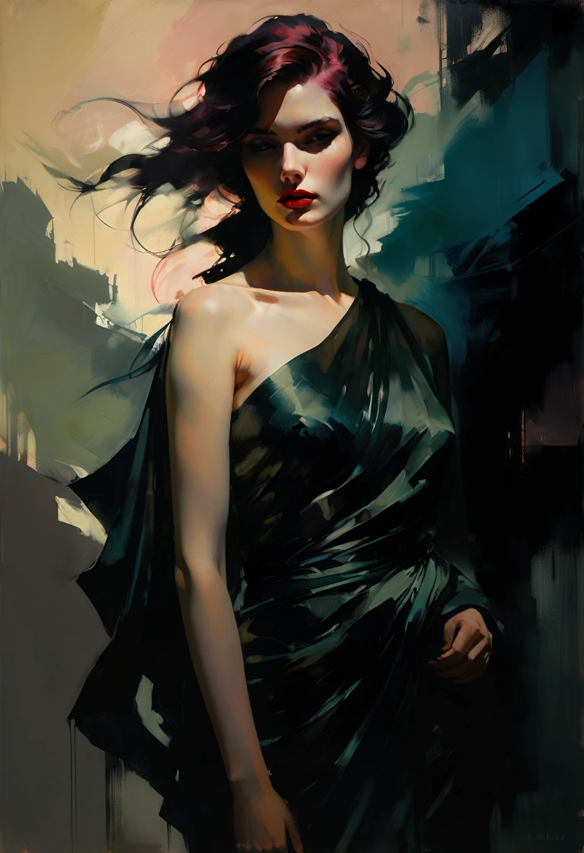 chiaroscuro technique on sensual illustration of an elegant 1980s woman, riot games concept art beauty, eerie, the model draped in flowing, thick oil painting, extremely soft colors, vibrant, highly detailed, malcolm liepke painting, oil on canvas, high contrast, dramatic, refined, tonal, Create high contrast between light and shadow