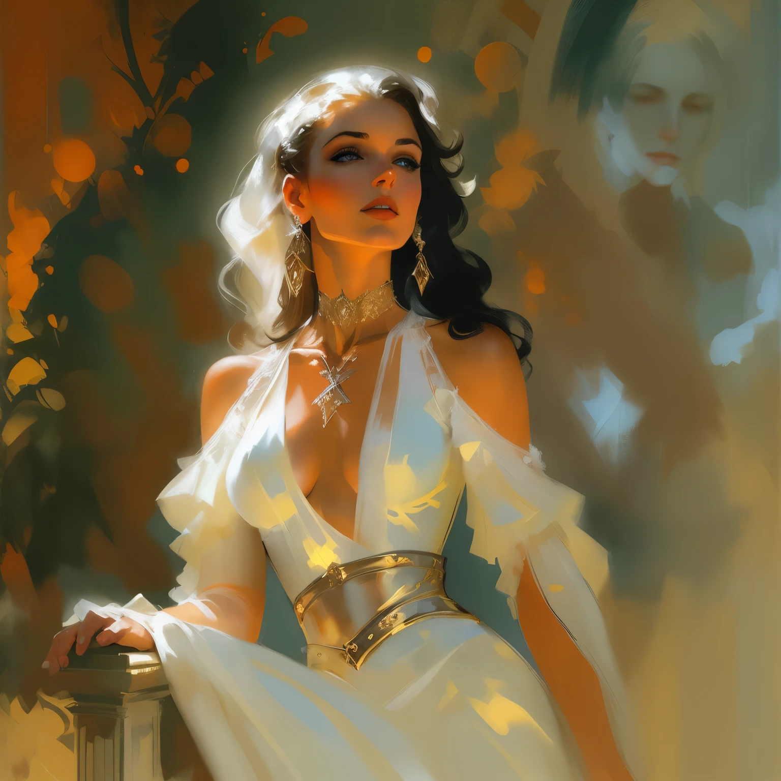 Sexy woman, White euro female in deluxe royal fantasy in sexy, erotic style and attire, jewelry, sharp focus, dramatic light, painting, nostalgia, sexy, risqué, bokeh, by Frank Frazetta, Greg Manchess, Boris Vallejo, Joe Just, trending on ArtStation, CGSociety,
