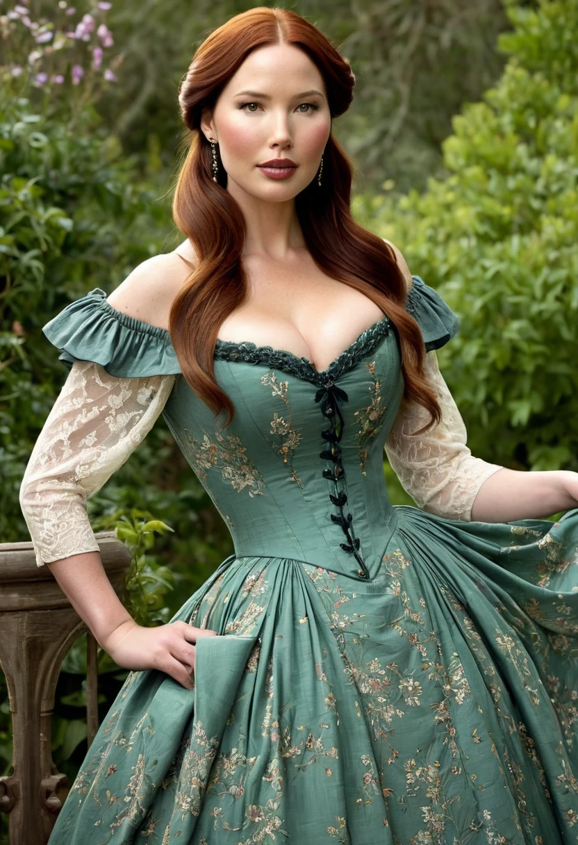 A beautiful Aristacrat woman with soft facial features who embodies old fashioned class, sophistication, elgance as well as wholesome, natural beauty. curvy, thin-waist, wide-hips, swaying-hips. Olivia Munn and Molly Quinn mash-up. Oppulent historically accurate victorian dress.