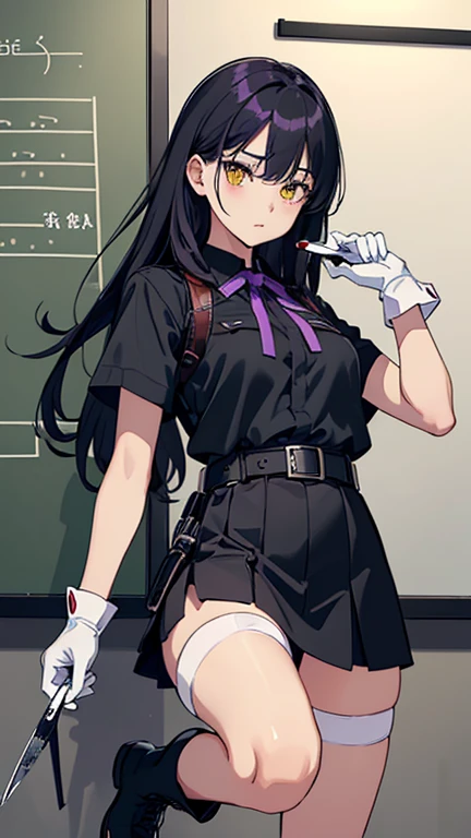 high quality、２０generation、足先まで見えるwhole body画、((whole body、woman、Yellow Eyes、Black and white long hair、Short shirt with a hem、Black gloves、Belt with holster、stomach、Holding scissors、A long black skirt that shows off your legs、Skirt flip、Purple ribbon、White underwear、Panties in full view、Clothes are not taken off、Erotic、Black Military Boots)) background((Whiteboard))Debris in the air、 Written boundary depth、Visual Arts、high resolution、beautiful
