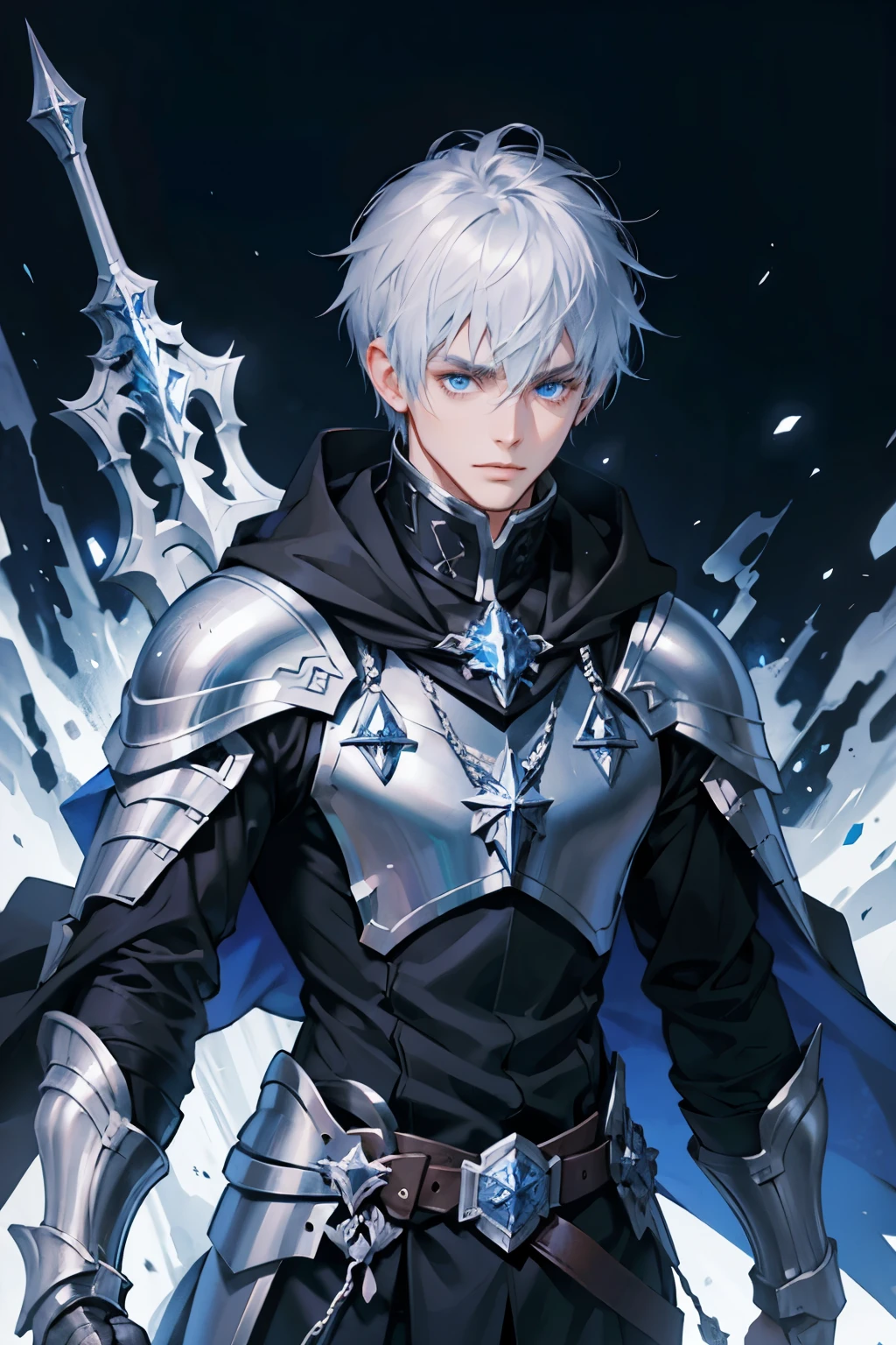 Male, black short hair, blue eyes, fantasy knight, black hooded cloak, silver armor