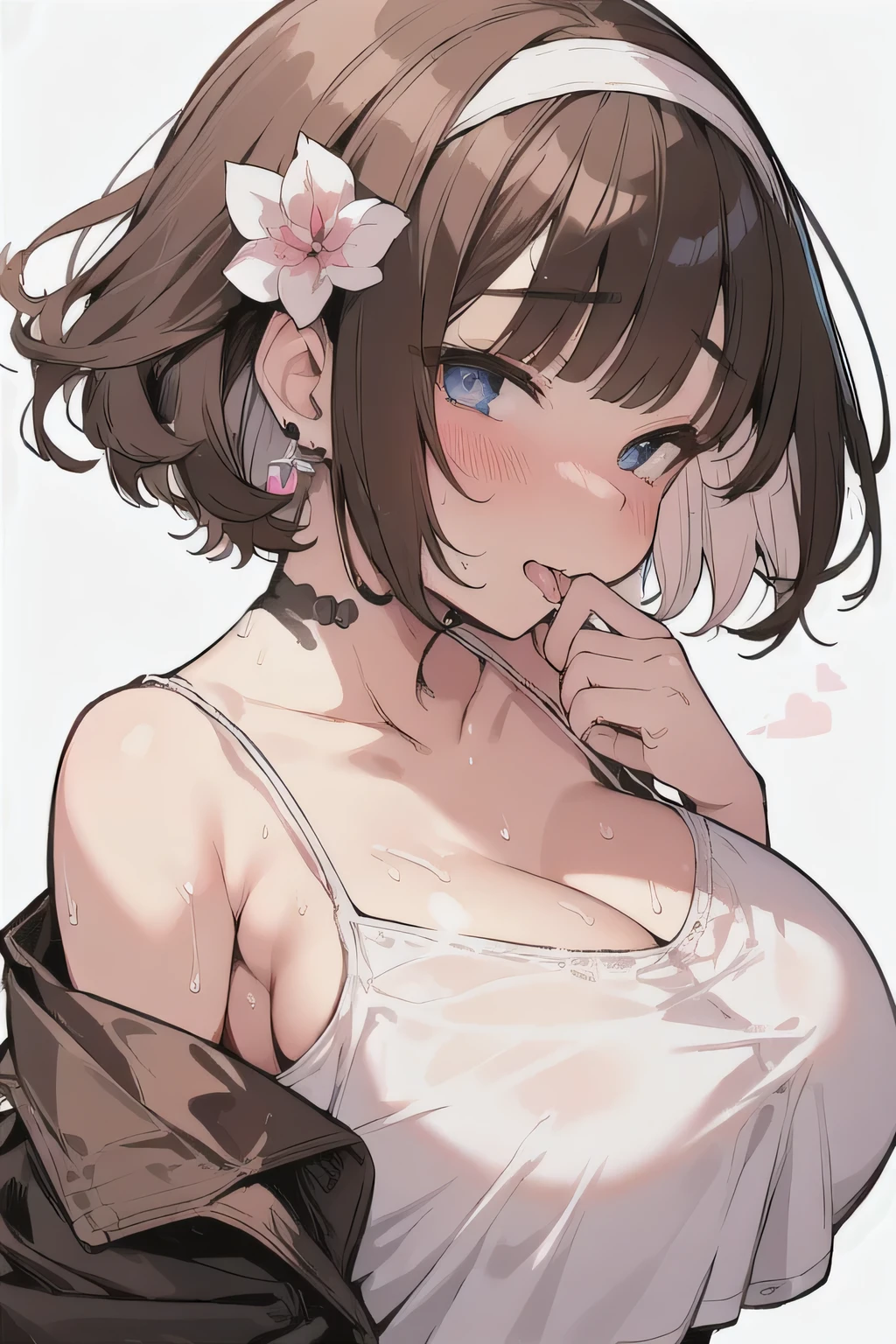 (best quality), (Super detailed), (Best Illustration), nsfw, (1woman), look at viewer, from side, (Ahegao:1.2), (camisole:1.3), (big breasts:1.2), {brown hair, (bob cut:1.2), curly hair, hairs between eyes}, {(detailed eyes), heart-shaped pupils, blue eyes}, blush, sweat, steam, earrings, flower hairband, (white background:1.3),