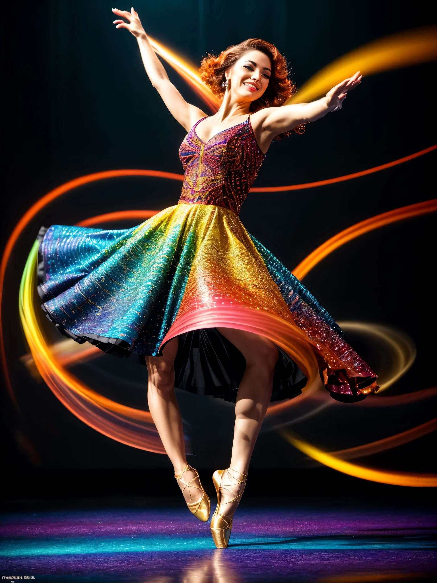 (best quality,4k,8k,highres,masterpiece:1.2),ultra-detailed,(realistic,photorealistic,photo-realistic:1.37),jazz dancer,jazz dance,dancing,dancer,vibrant colorful flair dress,flair dress,colorful dress,splash color background,photorealistic hyperrealistic,HDR,studio lighting,ultra-fine painting,sharp focus,physically-based rendering,extreme detail description,professional,vivid colors,bokeh,jazz dance movements,graceful,twirling and spinning,expressive,energetic,swinging to the rhythm,melodious,nimble,beats,improvisation,fluid movements,patterned color light beams,artistic stage lighting,spotlights,pulsating colors,fiery red and orange hues,colorful splashes,blurred motion,graceful hand gestures,intricate footwork,joyful atmosphere,lively,atmospheric mood,jazzy tunes,stylish pose,impressionistic background,abstract patterns,musical rhythm.