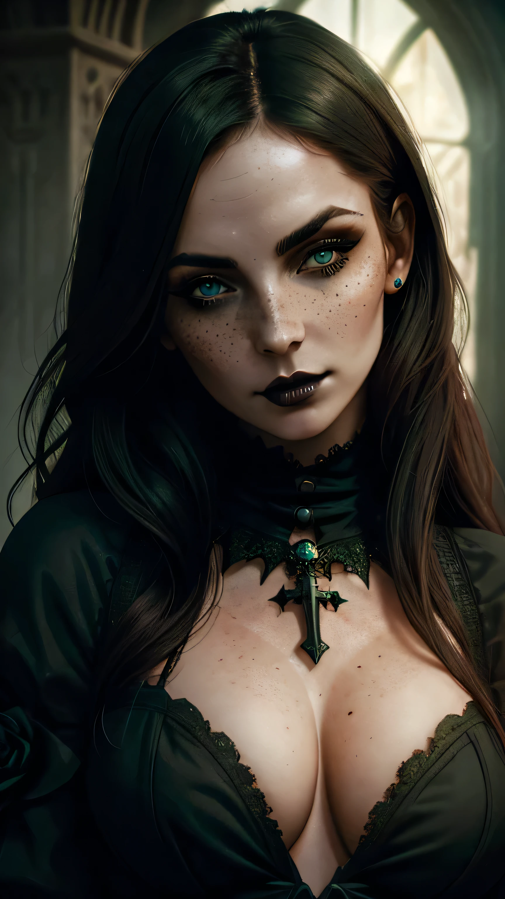 (best quality, hyperdetailed photography:1.2), beautiful lady, freckles, gothic dark makeup, soft light, perfect breast, cover, (detailed beautiful face, detail skin texture, ultra-detailed body:1.1) sexy vampire girl, green eyes, perfect body, skull, blood