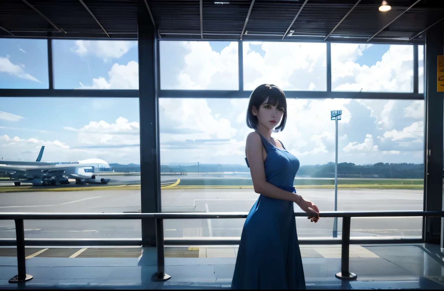 Large airport、Large glass windows、超long shot、Blue dress、White clouds and blue sky、Inside the airport、woman、Backlight、Short black hair